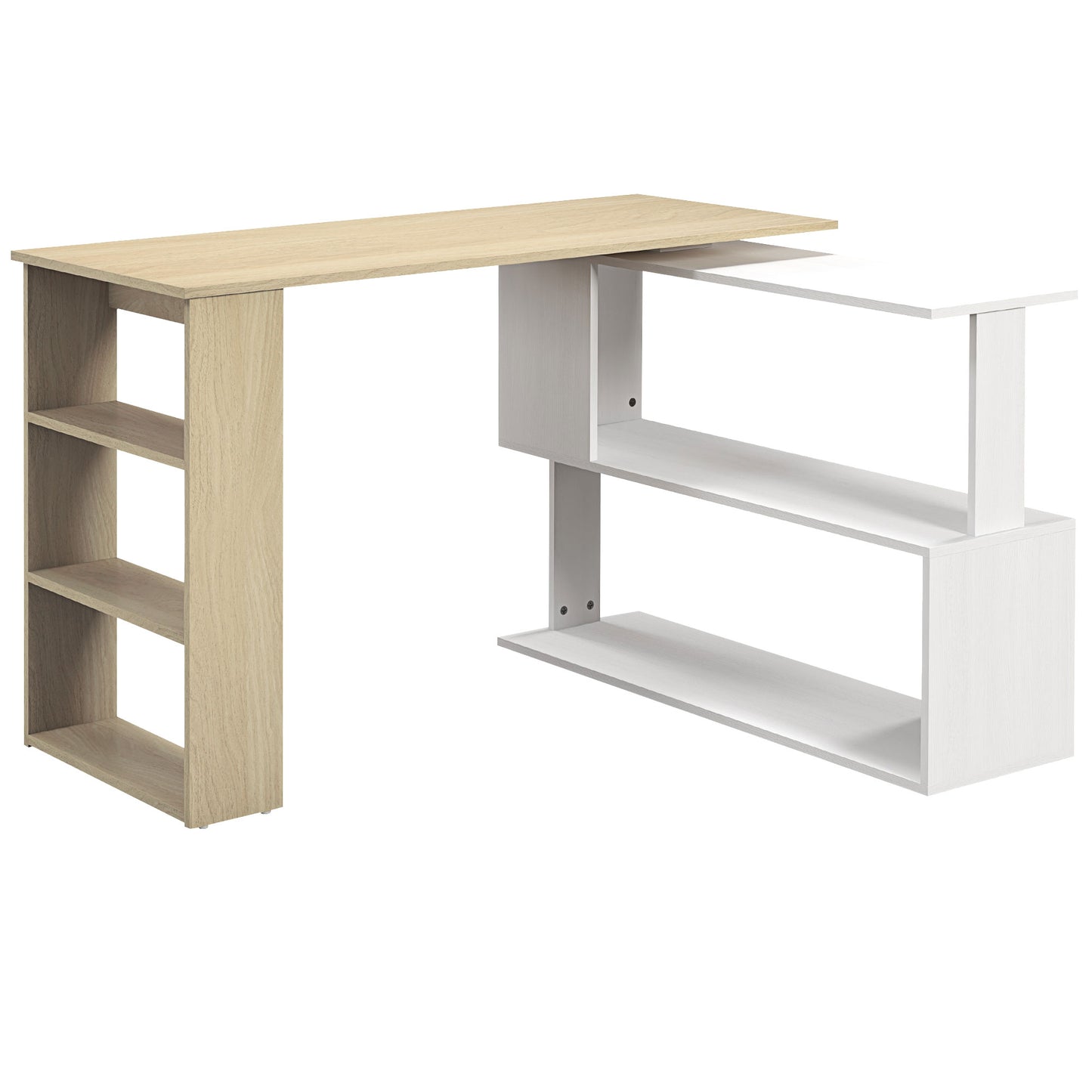 Corner Computer Desk, L Shaped Desk with 360° Rotating Bookshelf, 120L x 110W x 74.5H cm, Natural and White