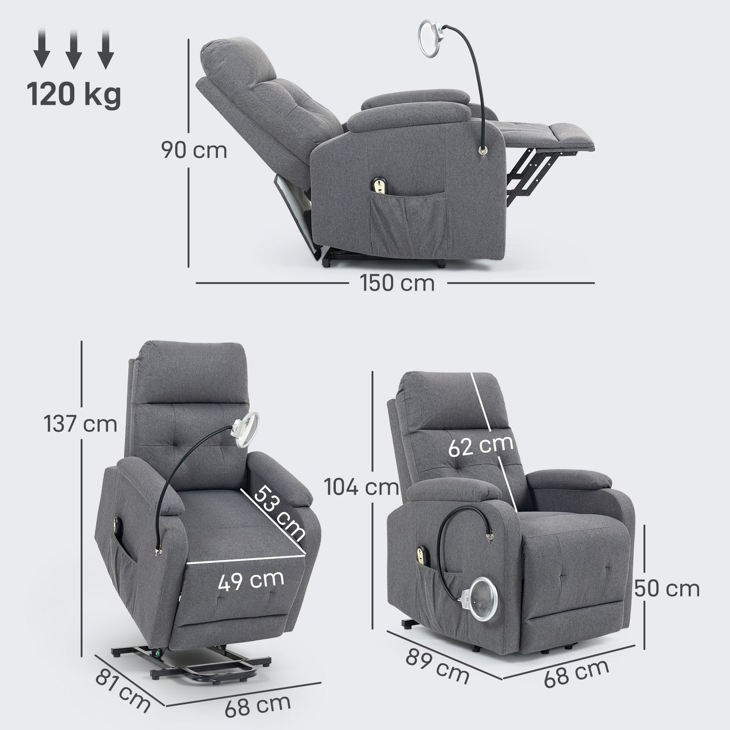Electric Rise/Recline Armchair, with Reading Light - Grey