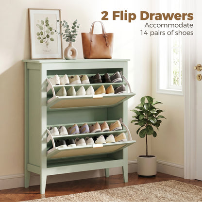 Narrow Shoe Cabinet, Boho Slim Shoe Storage Cabinet with 2 Flip Drawers, Holds 14 Pairs, Light Green