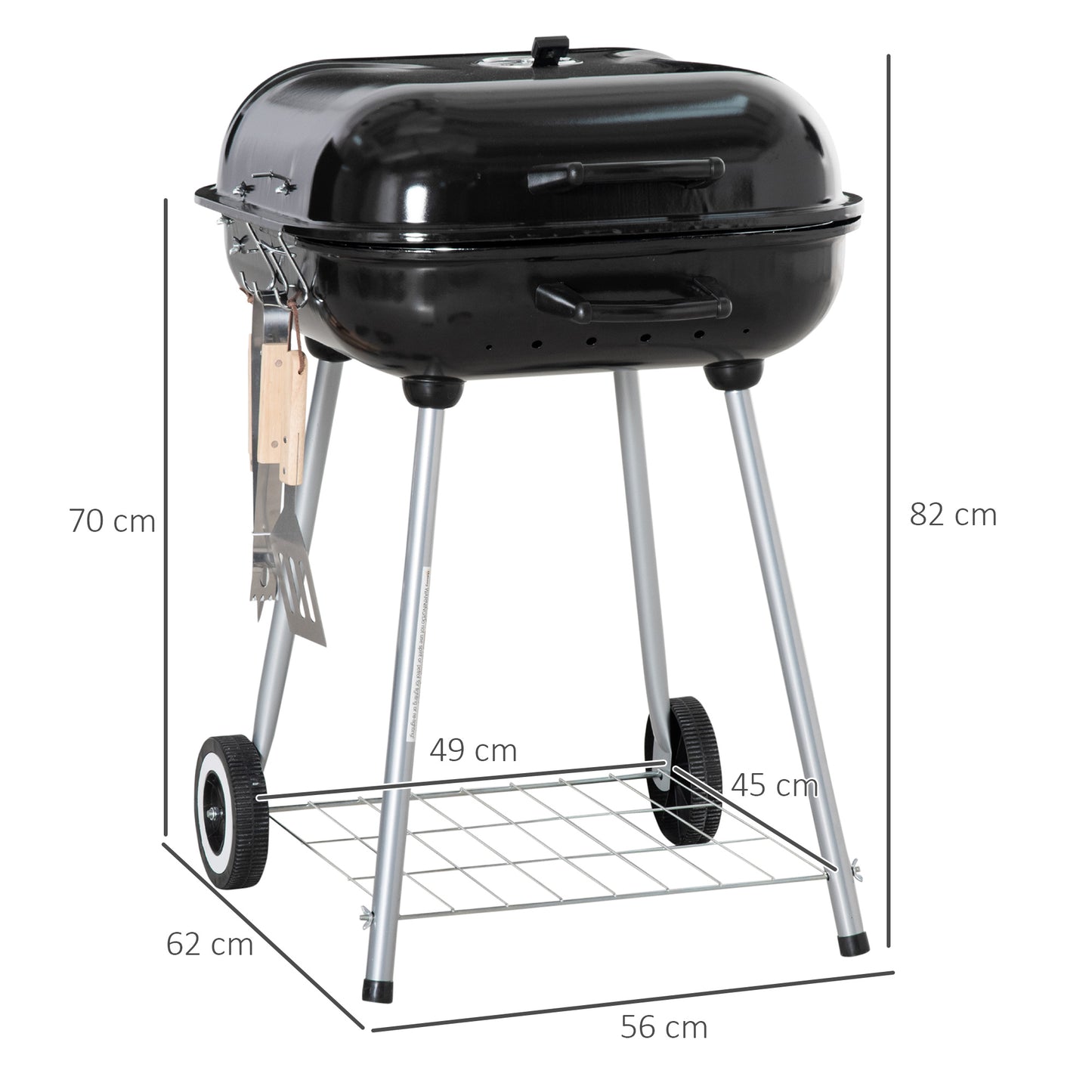 Portable BBQ Charcoal Grill with 2 Wheels and Cooking Utensils, Smoker Grill with Lid for Outdoor Barbecues, Camping, Picnic