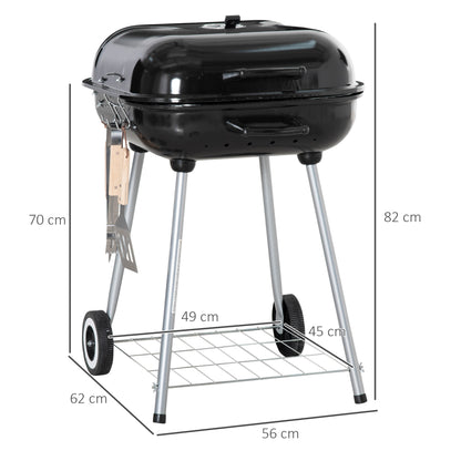 Portable BBQ Charcoal Grill with 2 Wheels and Cooking Utensils, Smoker Grill with Lid for Outdoor Barbecues, Camping, Picnic