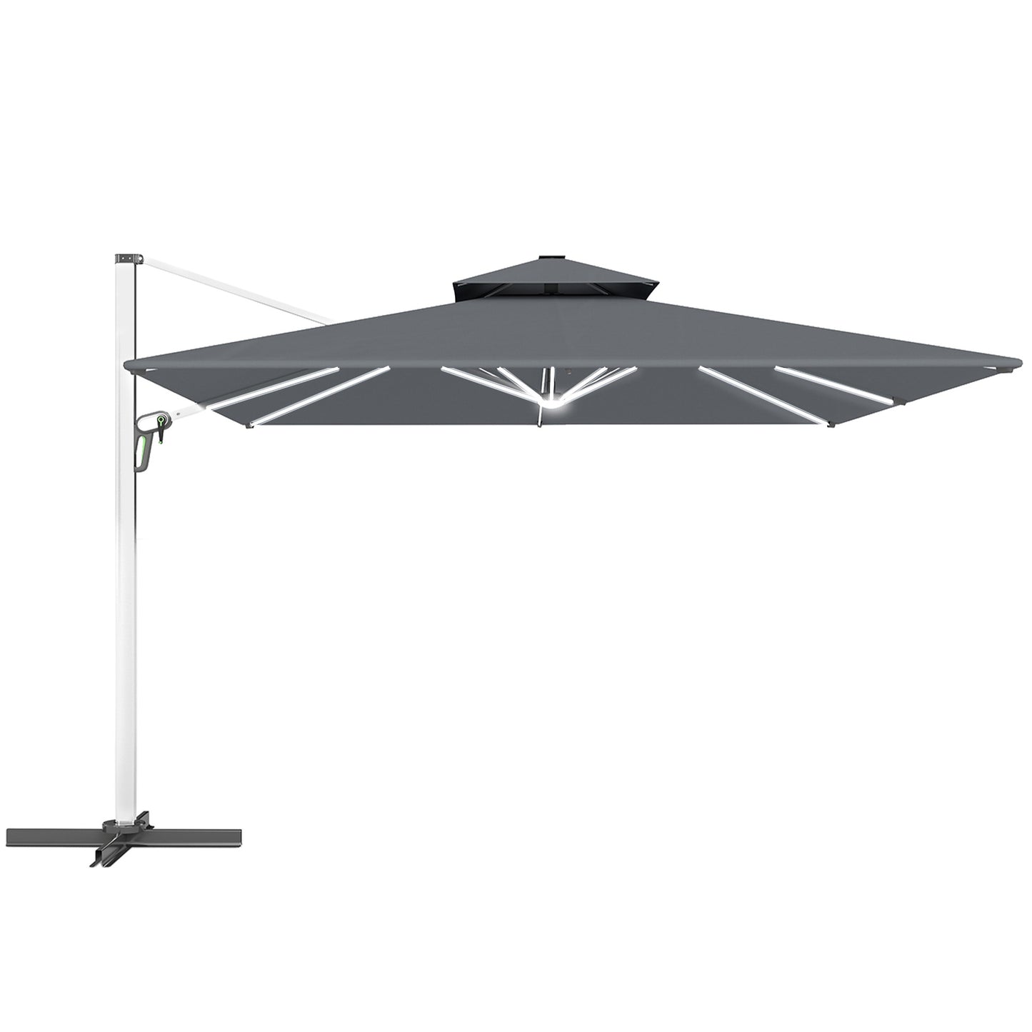 3(m) Garden Cantilever Parasol with Solar LED Lights, Cross Base, 360° Rotation, Crank Handle and Tilt, Grey