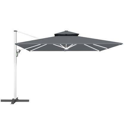 3(m) Garden Cantilever Parasol with Solar LED Lights, Cross Base, 360° Rotation, Crank Handle and Tilt, Grey