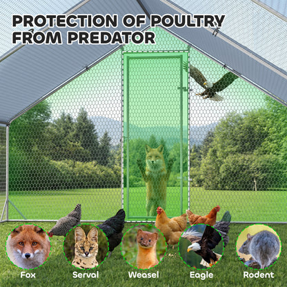 Chicken Run Galvanised Walk-in Chicken Coop Hen Poultry House Cage Rabbit Hutch with Weather-Resist Cover, 3 x 8 x 2m