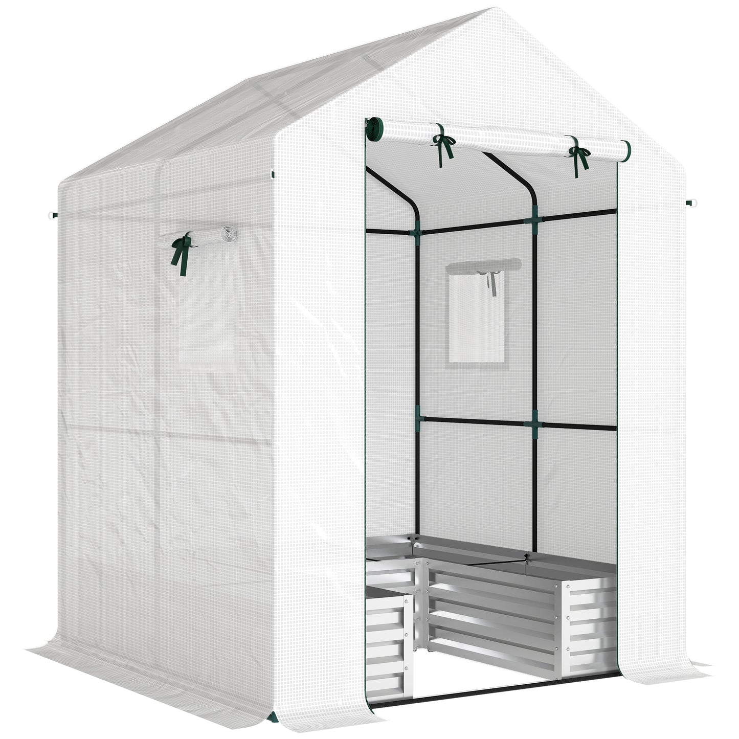 Small Greenhouse with Raised Garden Bed, Galvanised Walk-in Greenhouse with Roll Up Windows, 141 x 141 x 190 cm, White