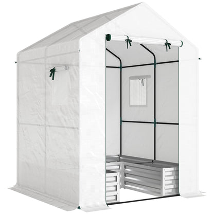Small Greenhouse with Raised Garden Bed, Galvanised Walk-in Greenhouse with Roll Up Windows, 141 x 141 x 190 cm, White