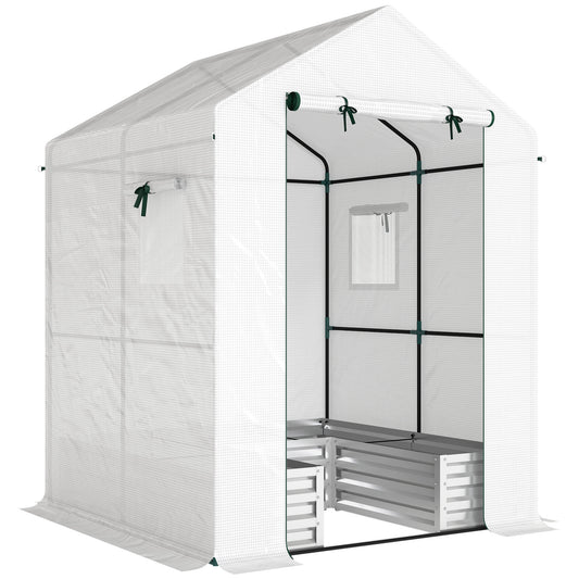 Small Greenhouse with Raised Garden Bed, Galvanised Walk-in Greenhouse with Roll Up Windows, 141 x 141 x 190 cm, White
