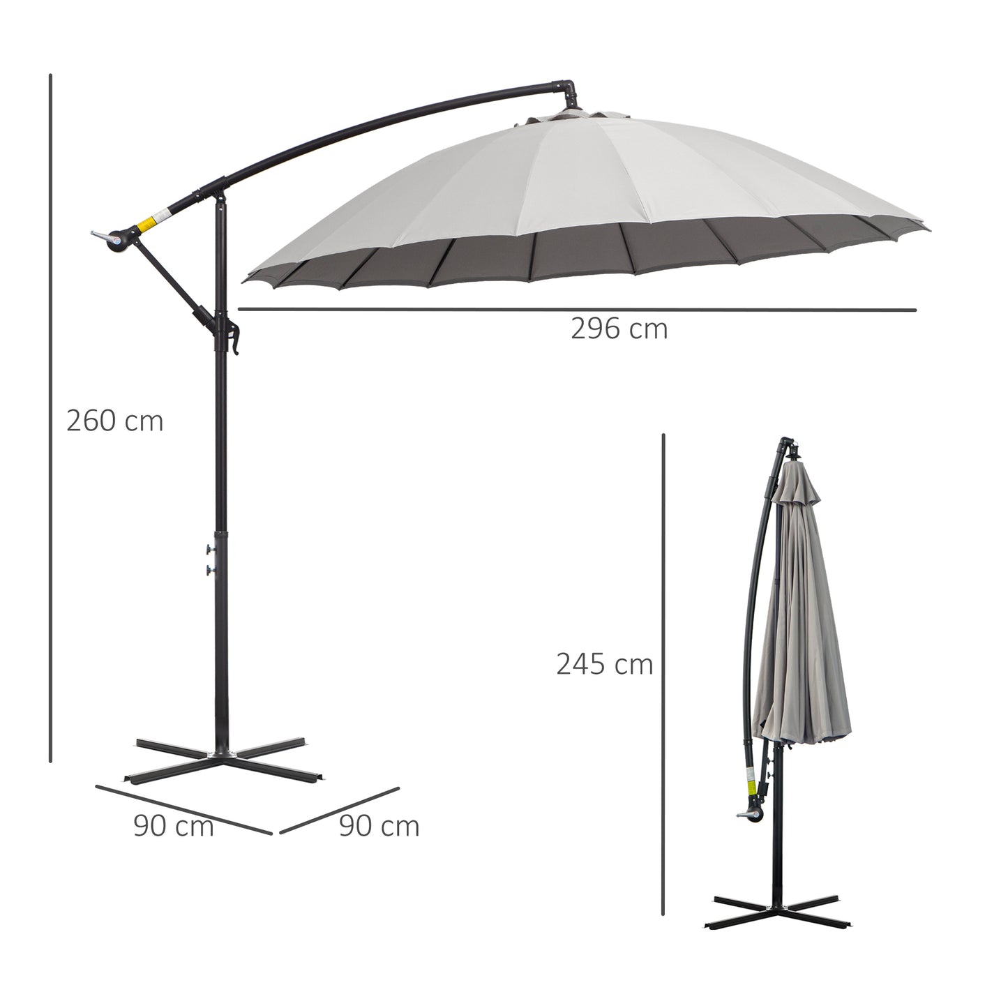 3(m) Cantilever Umbrella 18 Ribs & Vents Adjustable Angle for Patio Light Grey