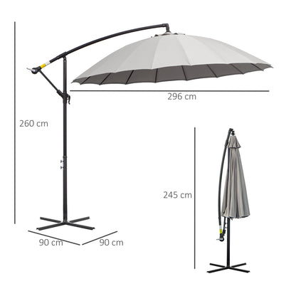 3(m) Cantilever Umbrella 18 Ribs & Vents Adjustable Angle for Patio Light Grey