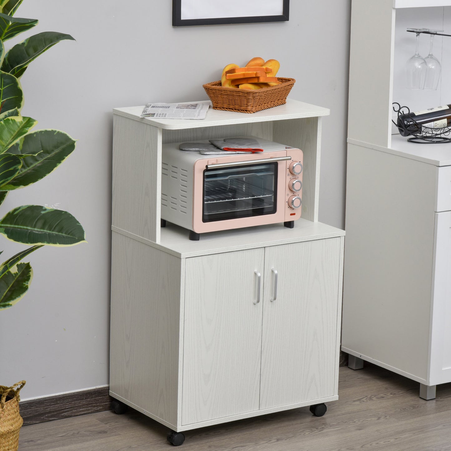 Kitchen Storage Unit, Modern Microwave Stand Trolley Cart, Sideboard with Cabinet, Locking Wheels, Shelf for Living Room