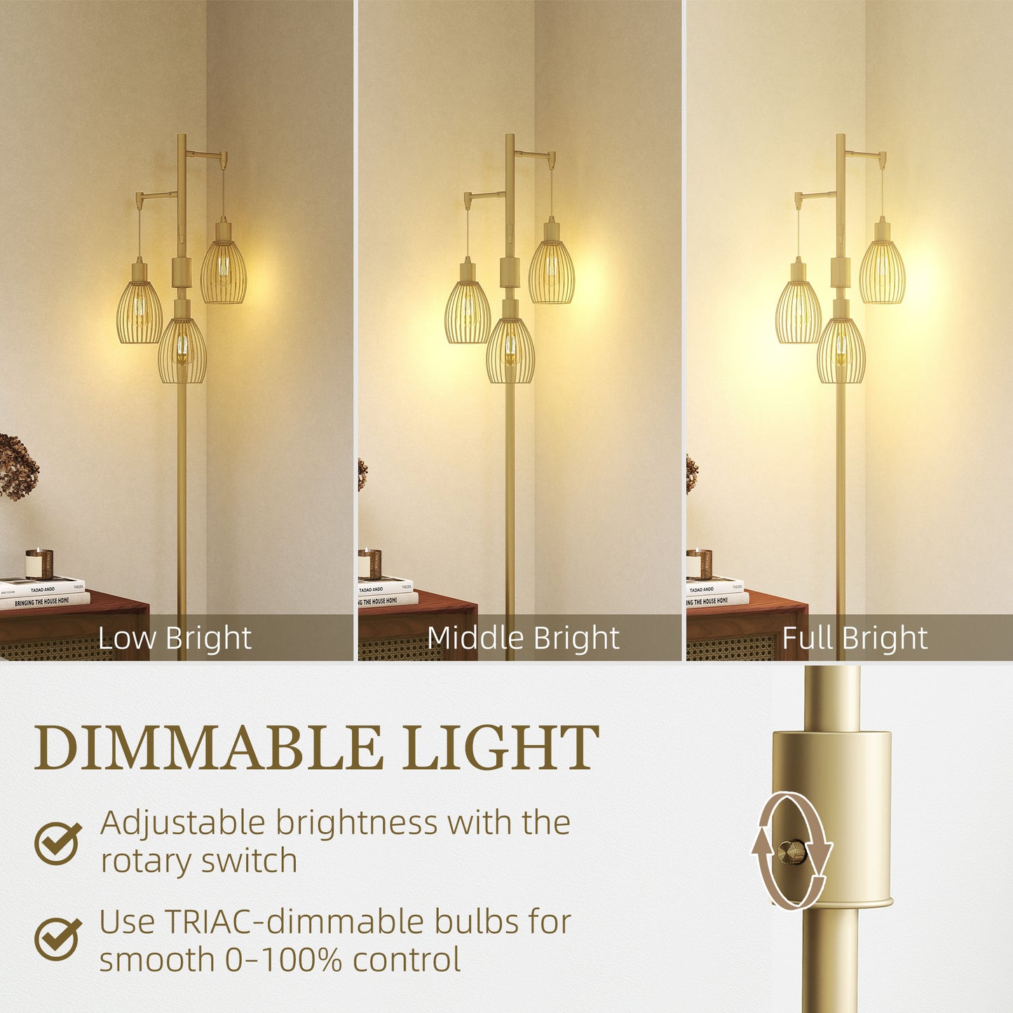 3-Light Floor Lamp, 170cm Industrial Dimmable Standing Lamp with Steel Wire Cage Lampshades for Living Room, Bedroom