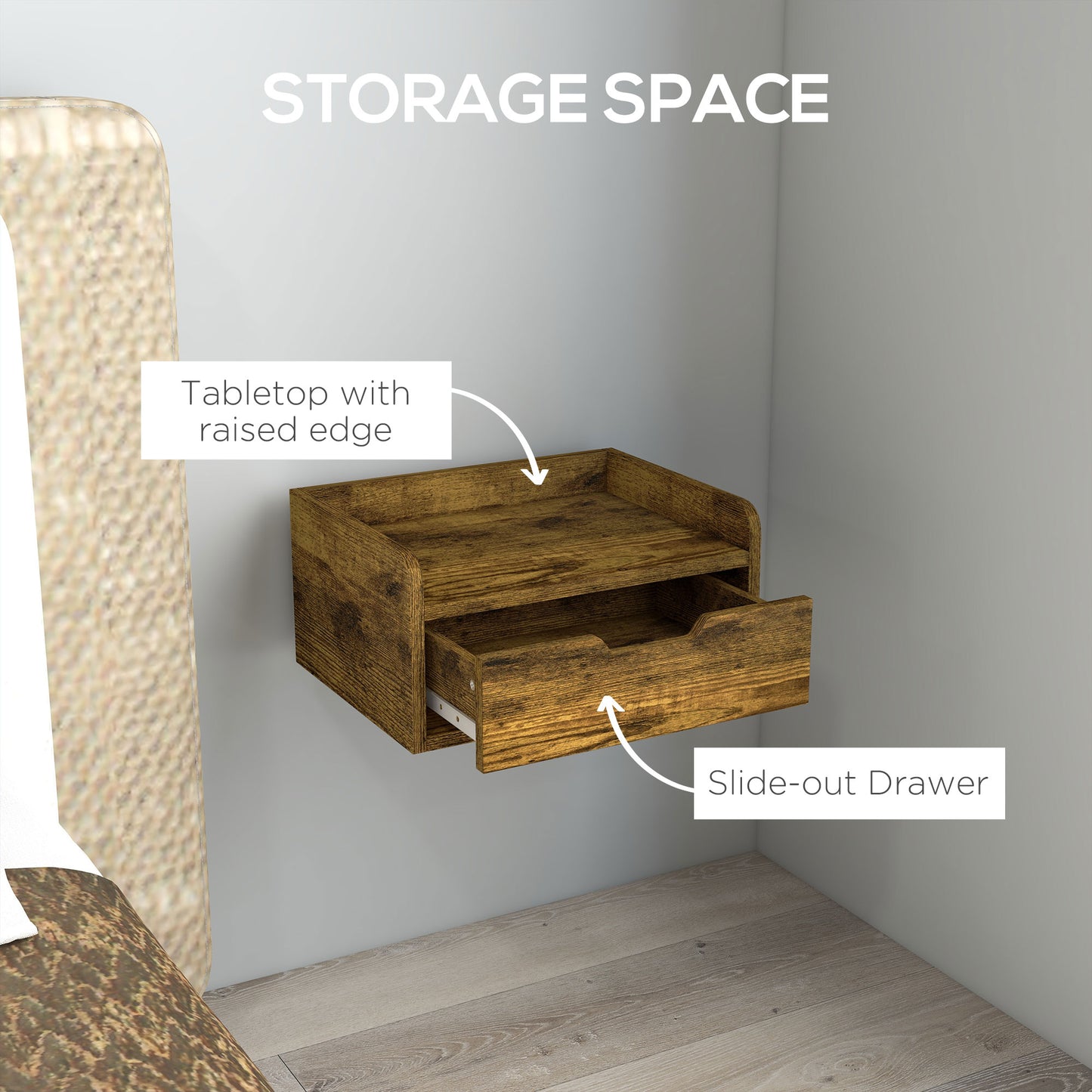 Floating Nightstands Set of 2, Wall Mounted Bedside Table with Drawer for Bedroom, Rustic Brown