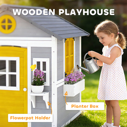 Wooden Playhouse with Doors, Windows, Plant Pots, Boxes, for 3-8 Years - Grey
