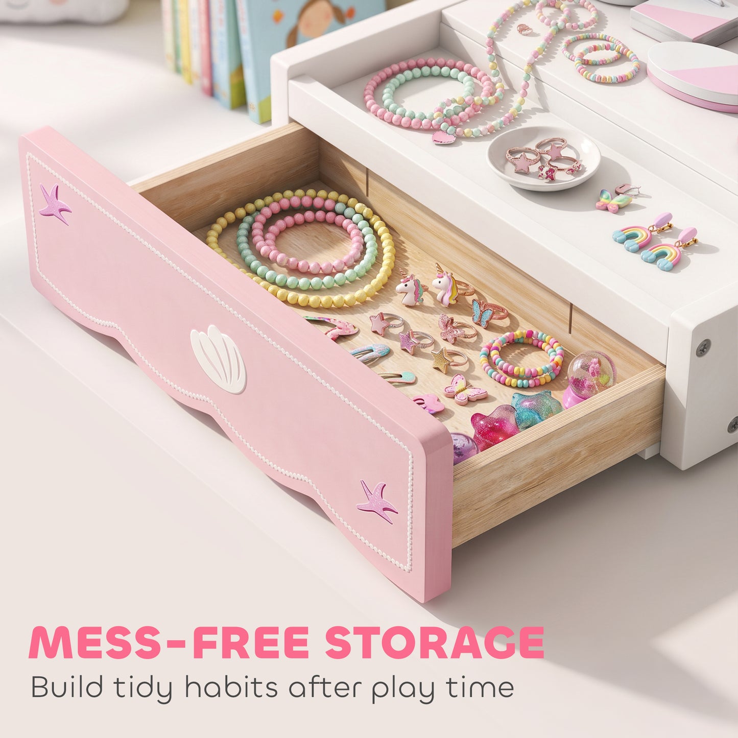 Kids Vanity Table, Portable Dressing Table with Lights, Mirror, Drawer, Accessories, Gift for 3-6 Years