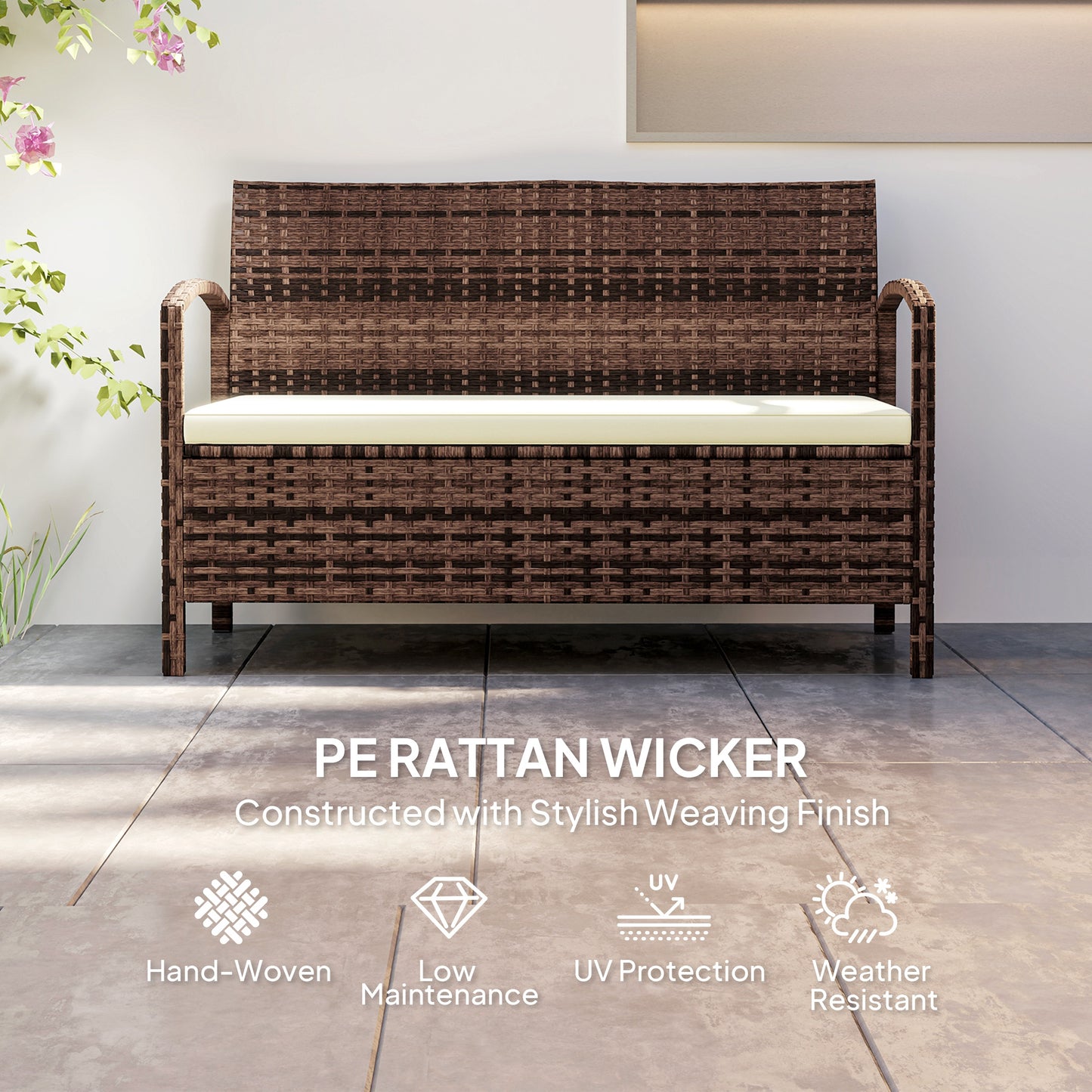 125L Storage Garden Bench, with Cushion - Brown