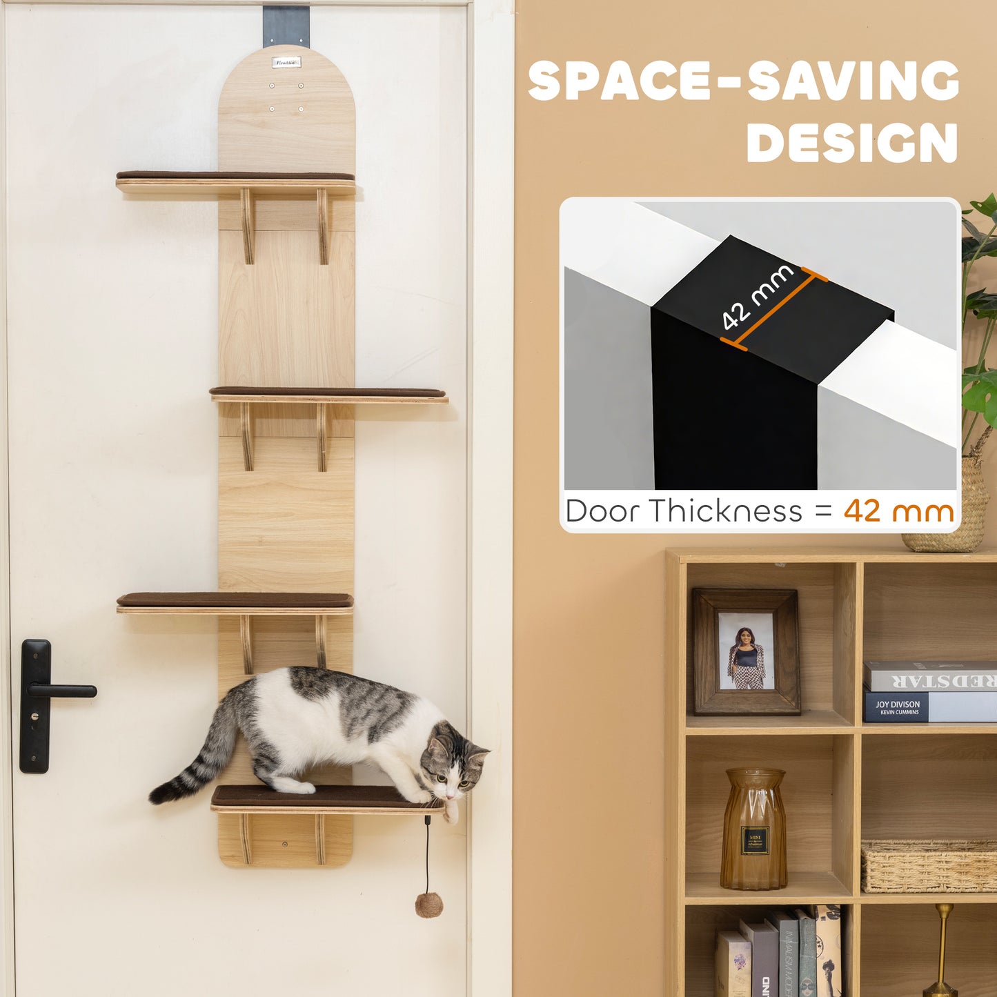 4-Level Door Mounted Cat Tree with Washable Plush Mats, Toy Balls, Door Hanging Cat Shelf for Indoor Cats