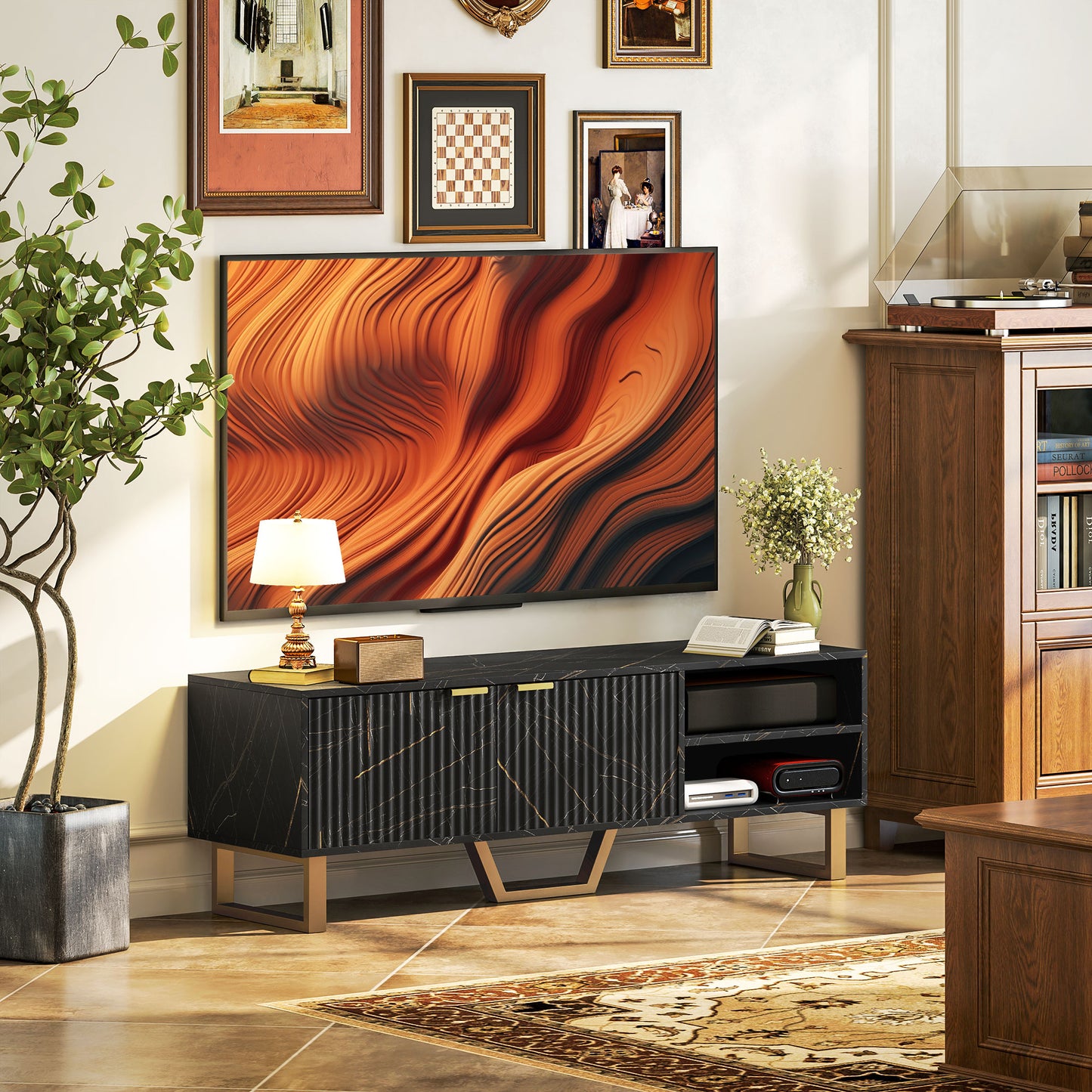 Marble Effect TV Unit, Modern TV Stand Cabinet for up to 70" TVs, with Shelves and Storage Cupboard, Fluted Door