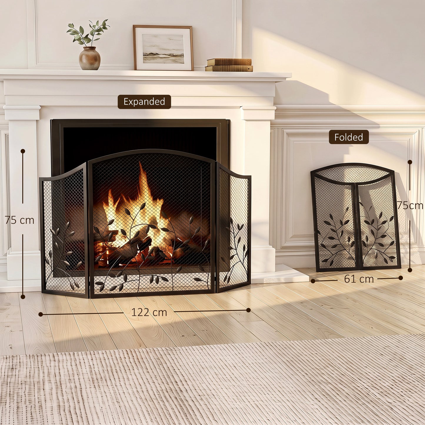 3-Panel Folding Fireplace Screen for Hearth Protection, Heat-Resistant Metal Fire Spark Guard, Black