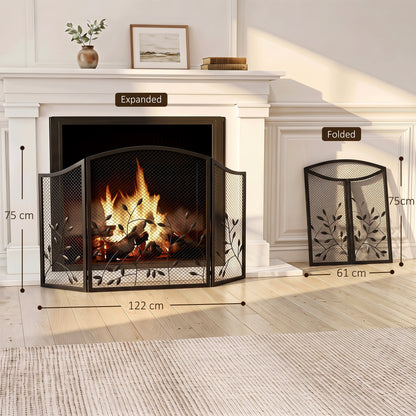 3-Panel Folding Fireplace Screen for Hearth Protection, Heat-Resistant Metal Fire Spark Guard, Black