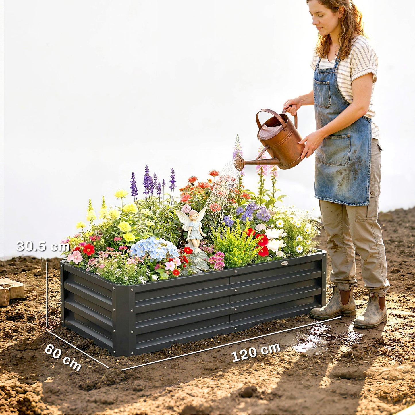 Set of 2 Raised Beds for Garden, Galvanised Outdoor Planters for Herbs Vegetables, Use for Patio Balcony, Grey