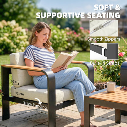 3 Pieces Garden Furniture Set with L-Shaped Sofa, Armchair and Coffee Table, Aluminium Garden Corner Sofa Set