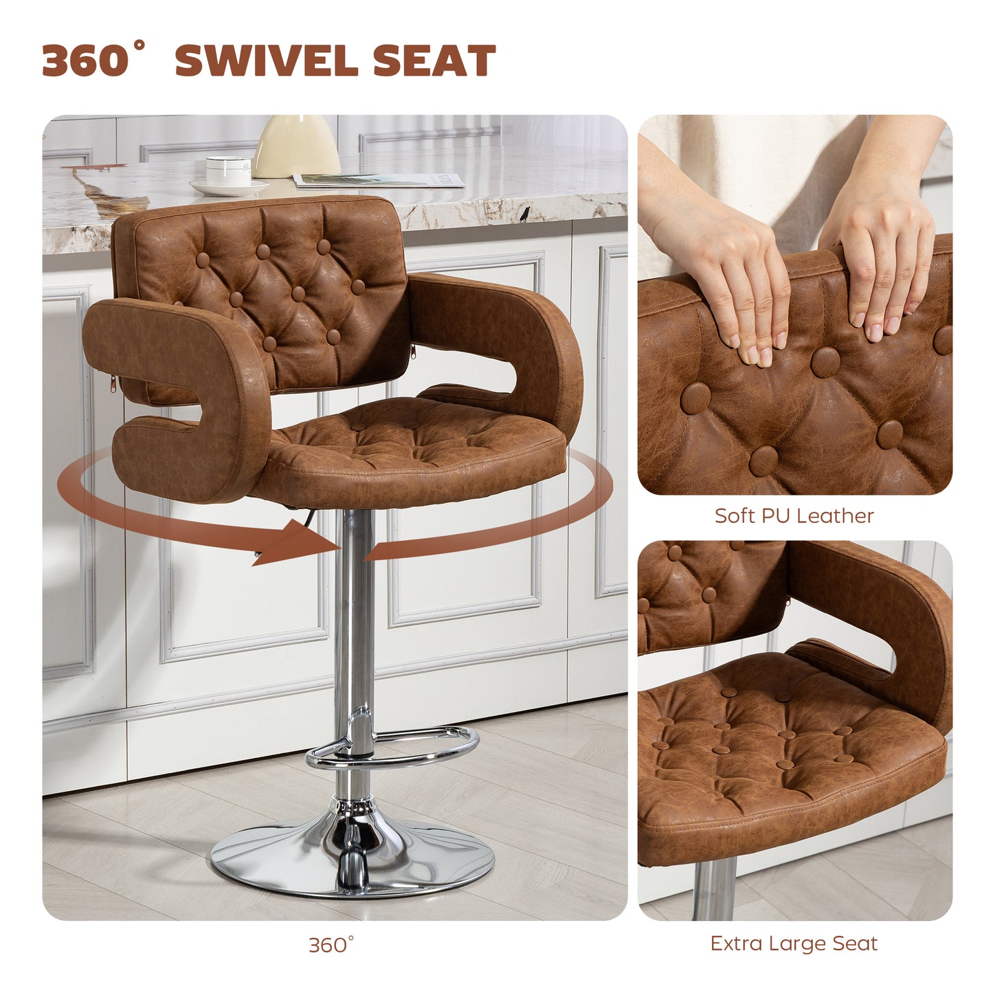 PU Leather Upholstered Swivel Bar Stool, Height Adjustable with Back, Armrest, Footrest, Brown