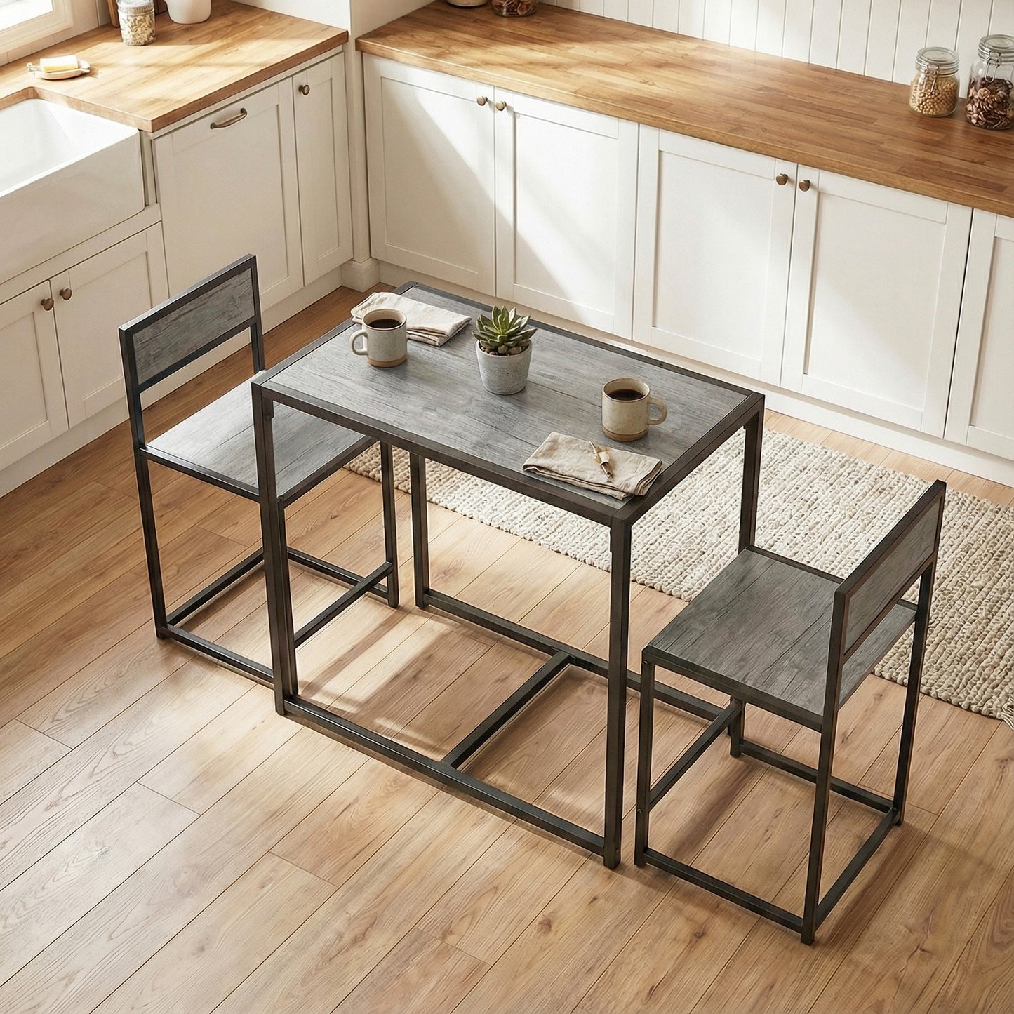 3 Piece Table Stool Set - Charcoal Grey Wood-Effect