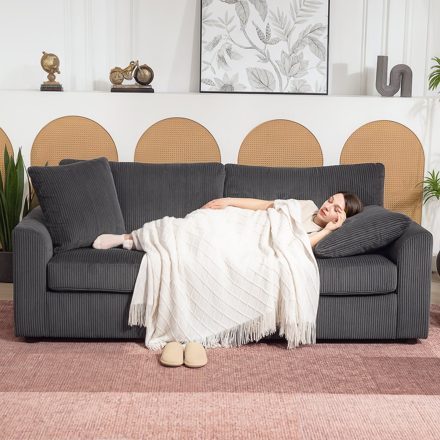 3 Seater Sofa, 212cm Corduroy Couch with Spring Cushion, Wide and Deep Seat, Plush Backrest, 2 Pillows