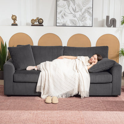 3 Seater Sofa, 212cm Corduroy Couch with Spring Cushion, Wide and Deep Seat, Plush Backrest, 2 Pillows