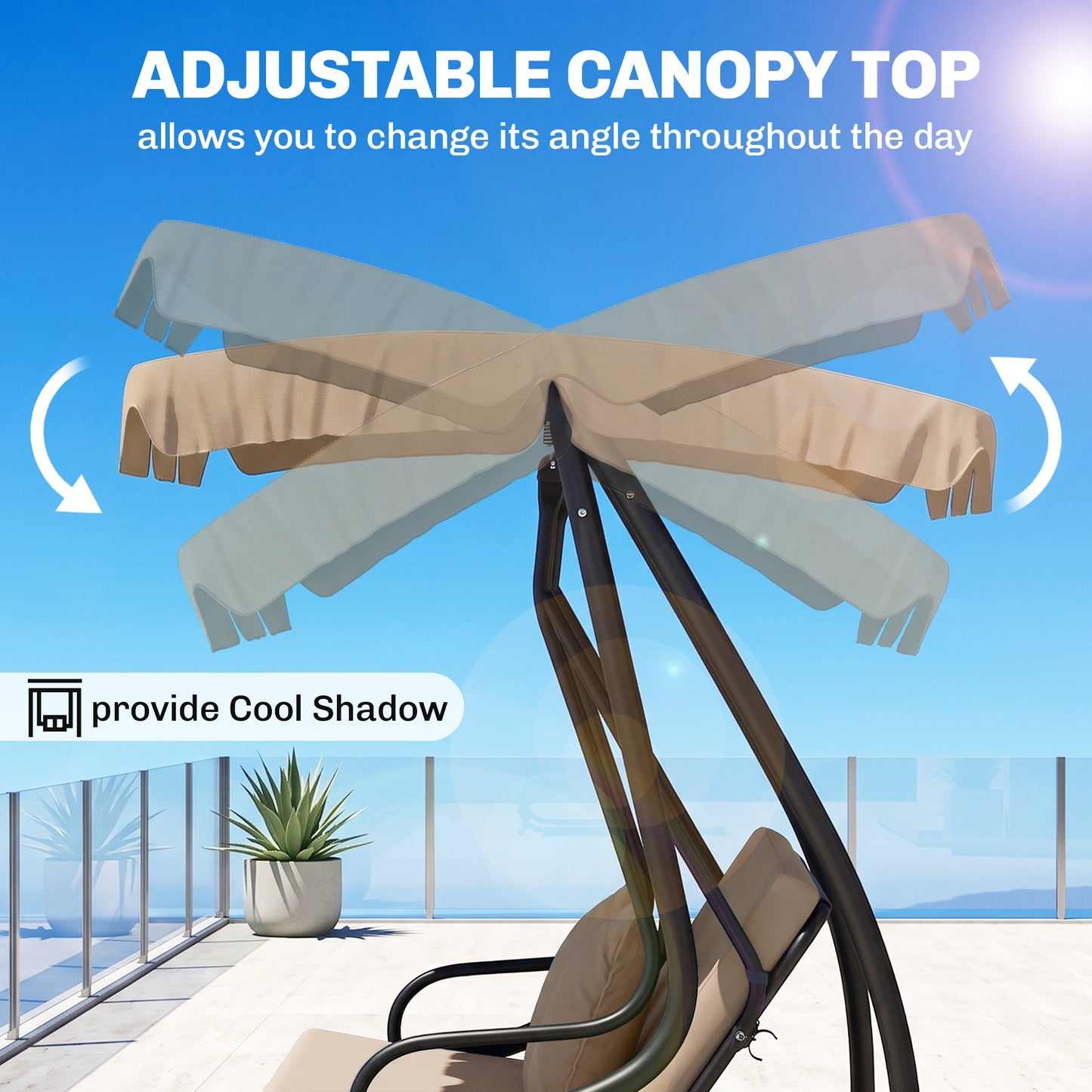Three-Person garden Swing Chair, with Adjustable Canopy - Light Brown