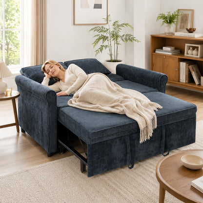 2 Seater Sofa Bed 3-in-1 Convertible Chenille Pull Out Sleeper Sofa with 5-Position Adjustable Backrest, Dark Blue