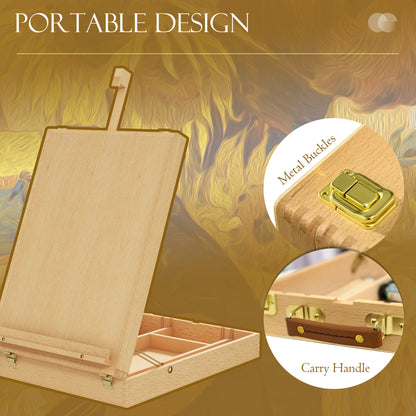 Wooden Table Easel Box Hold Canvas up to 61cm, Adjustable Beechwood Storage Table Box Easel