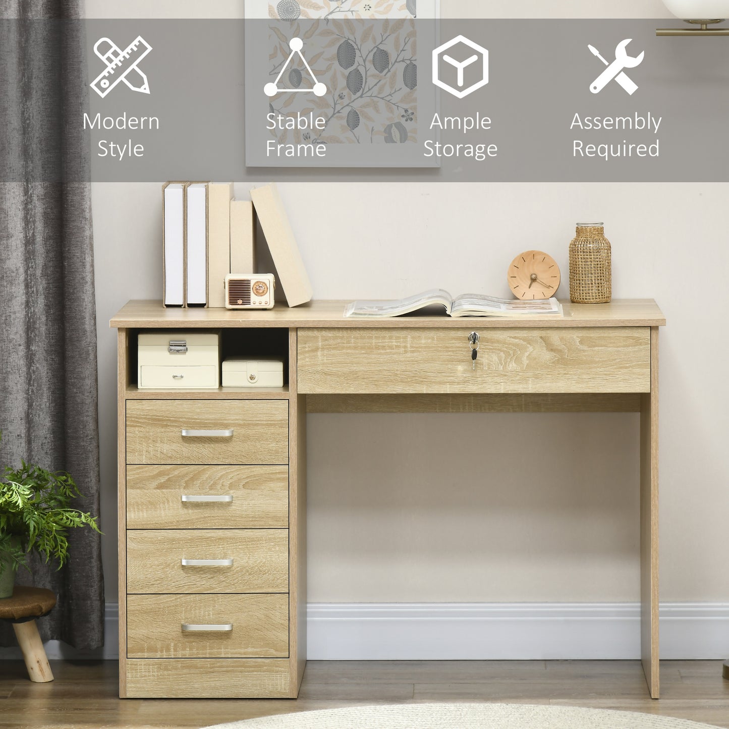 Computer Desk with 5 Drawers, Home Office Desk with Lockable Drawer and Storage Shelf, Study Table for Bedroom