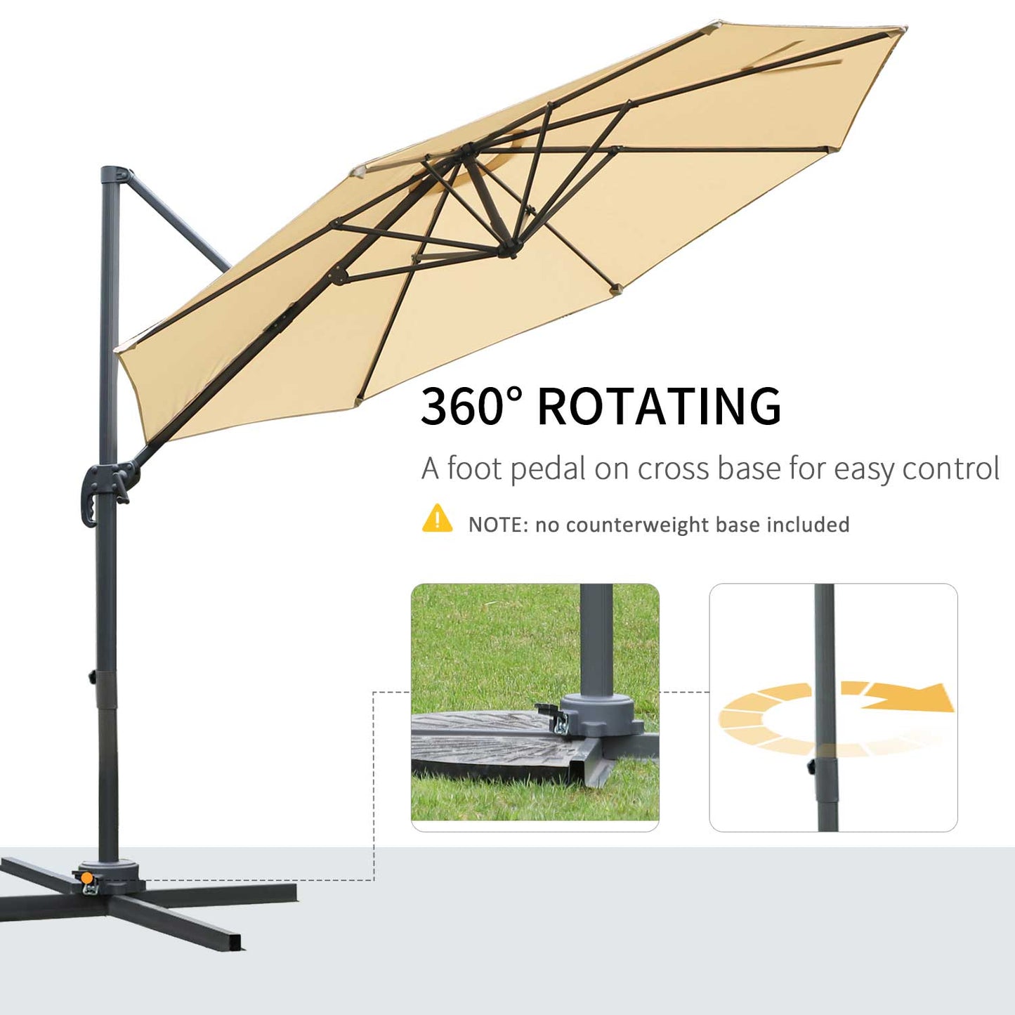 Round Umbrella Parasol with Tilt 360° Rotation and Hand Crank Cross Base - Beige