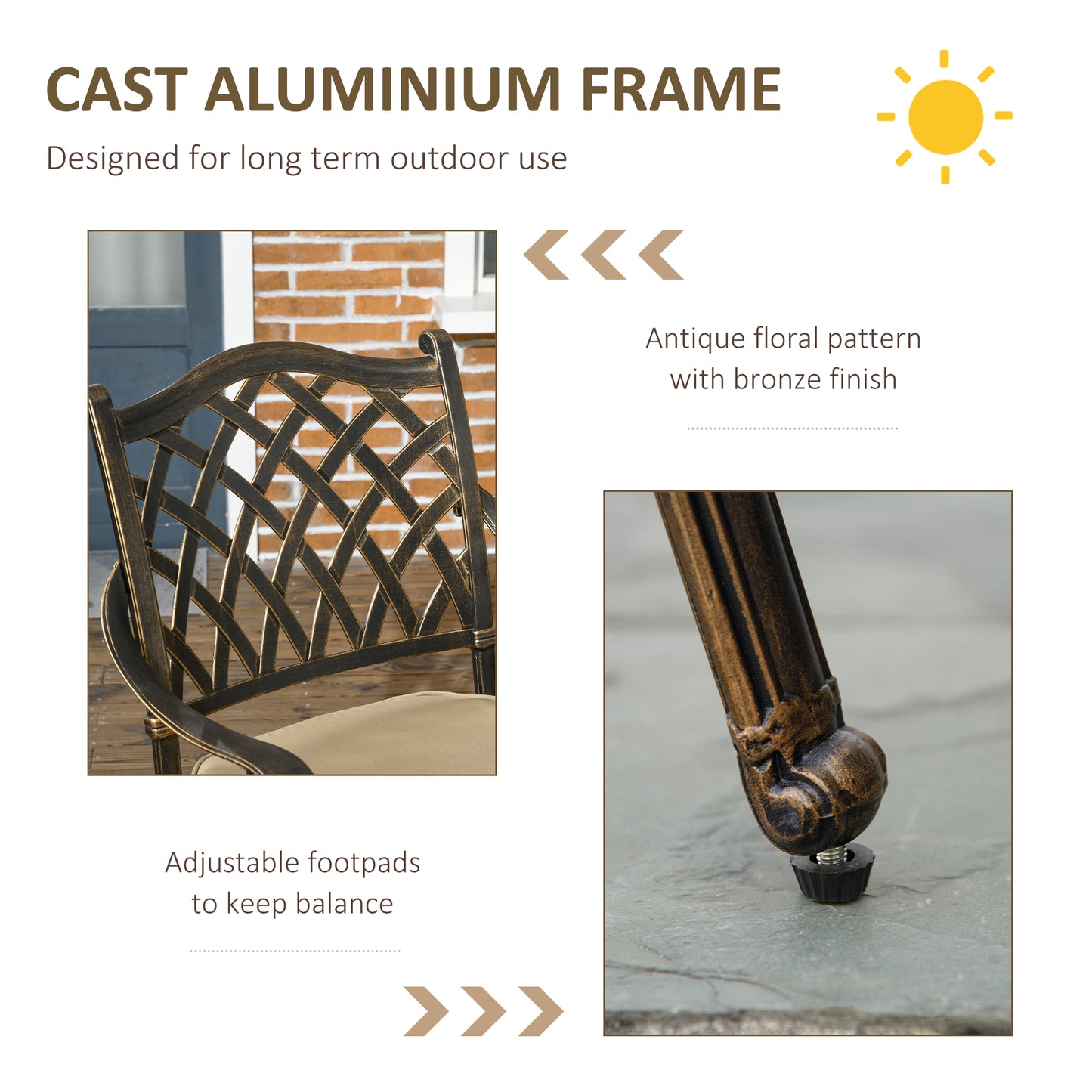 4 Seater Outdoor Dining Set Antique Cast Aluminium Garden Furniture Set with Cushions Round Dining Table with Parasol Hole
