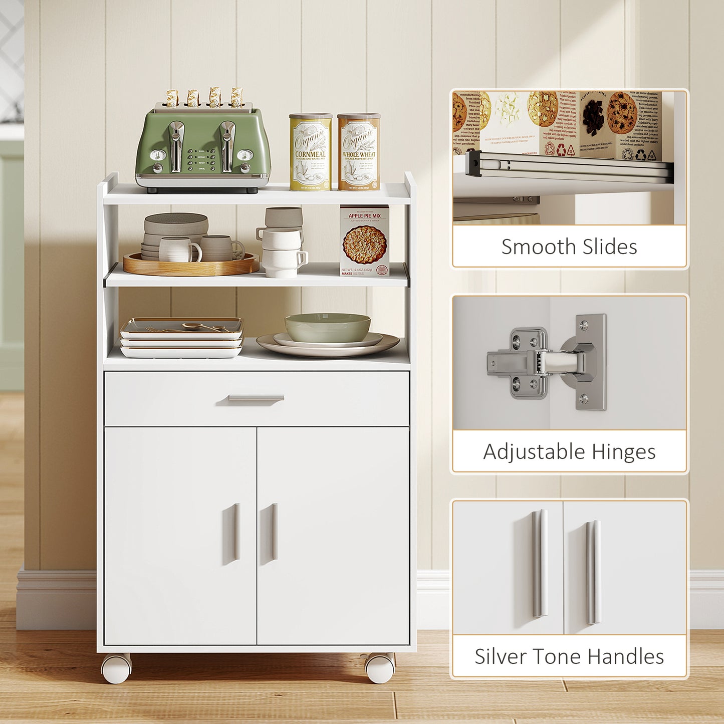 Kitchen Trolley with Wheels, Modern Mobile Microwave Stand with Slide-Out Shelf, Drawer and 2 Doors for Dining Room