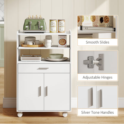 Kitchen Trolley with Wheels, Modern Mobile Microwave Stand with Slide-Out Shelf, Drawer and 2 Doors for Dining Room