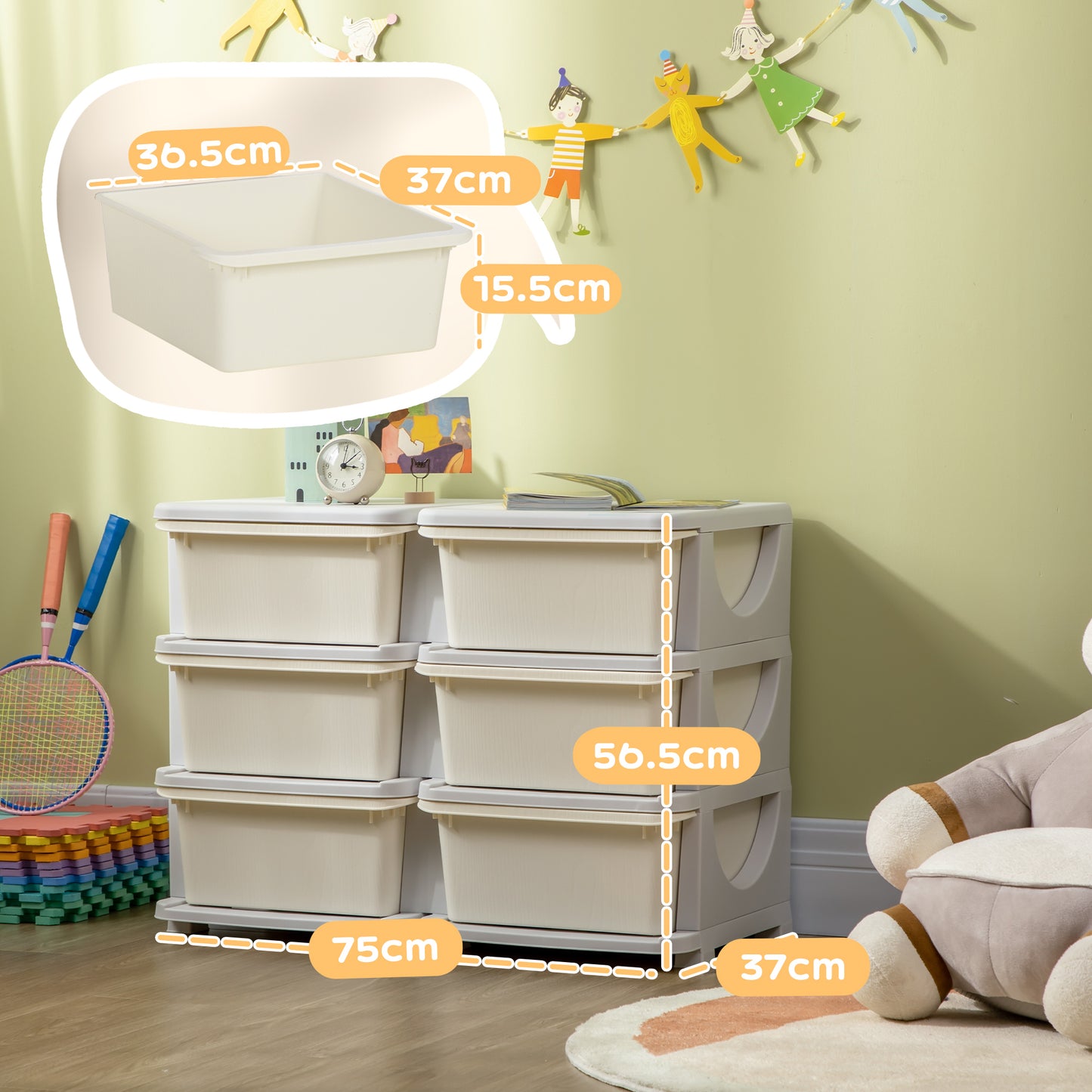 Kids Storage Unit, with Six Drawers - Cream