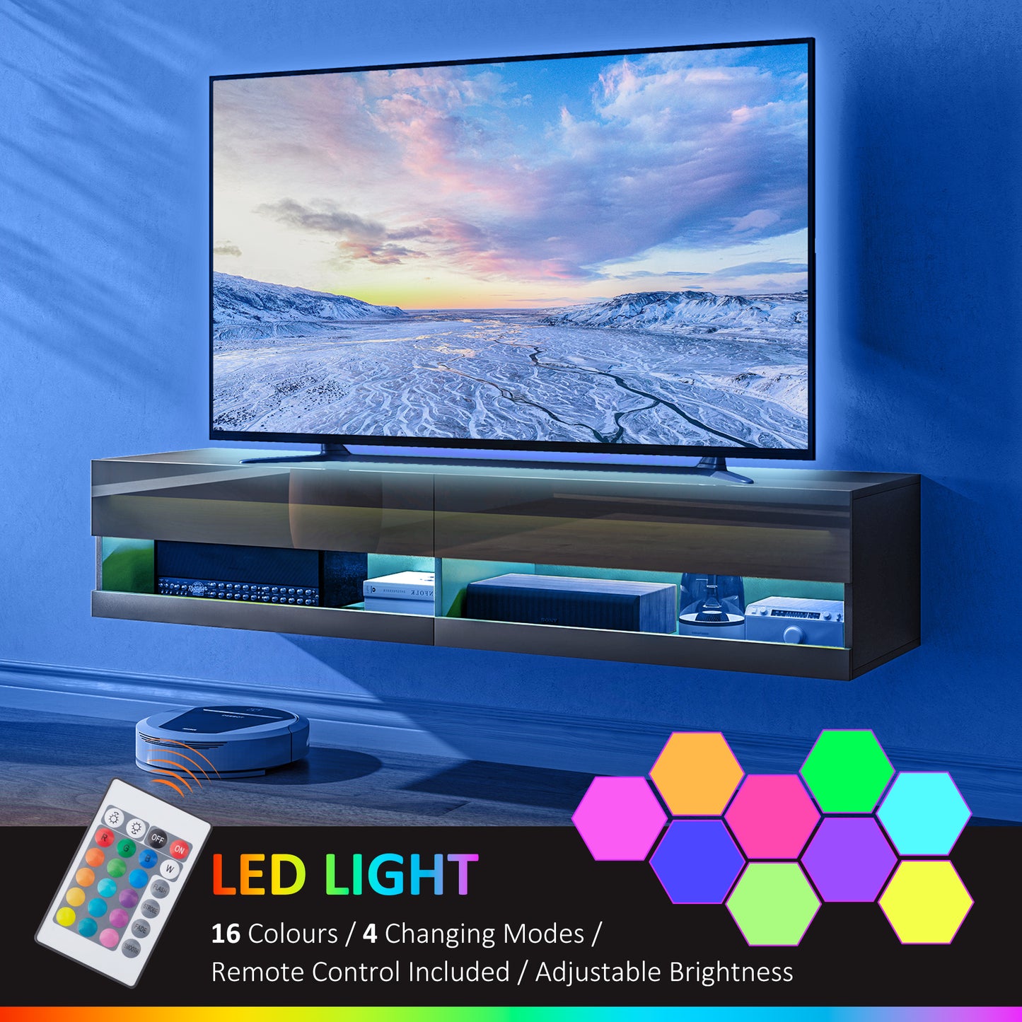 Floating TV Unit, Wall Mounted TV Cabinet for TVs up to 65", High Gloss Media Wall Unit with LED Lights, Storage Shelves