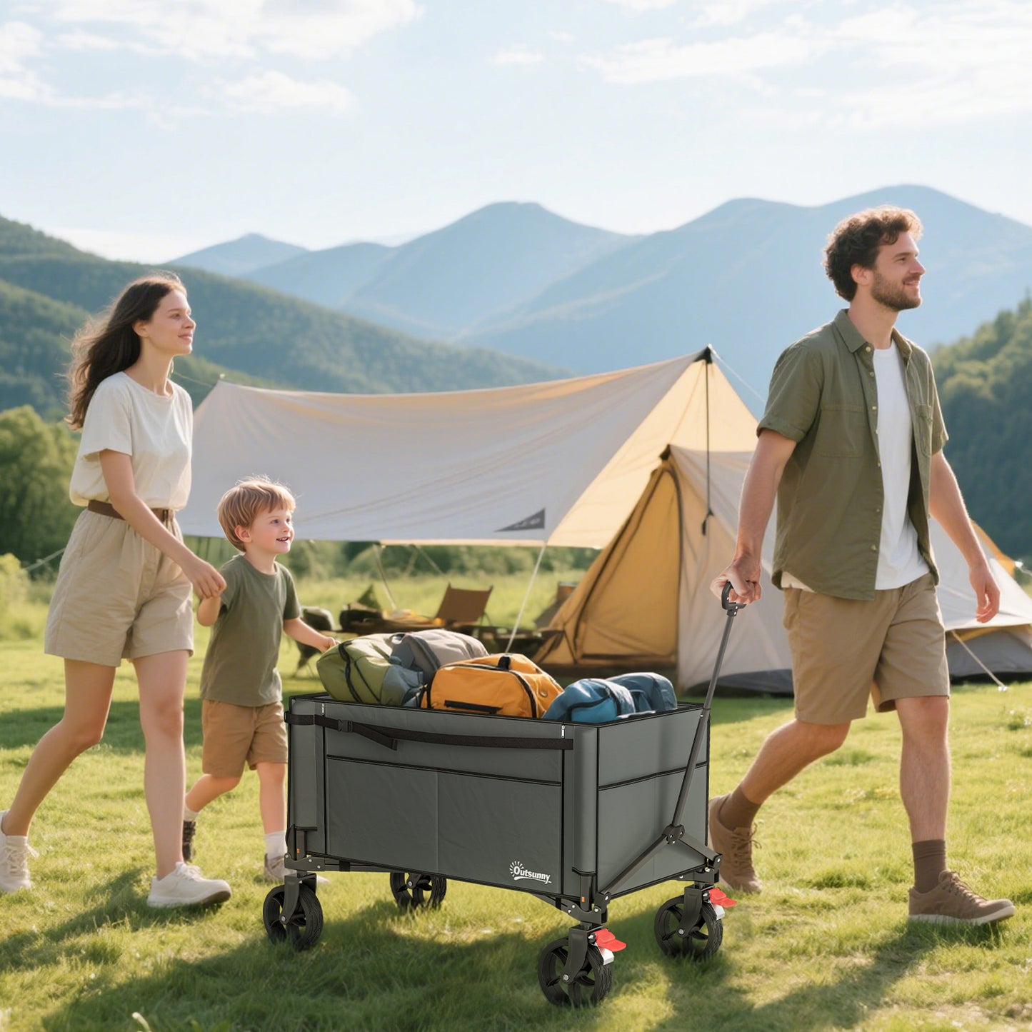 Festival Trolley on Wheels, 150L Folding Camping Trolley Cart with Openable Sides