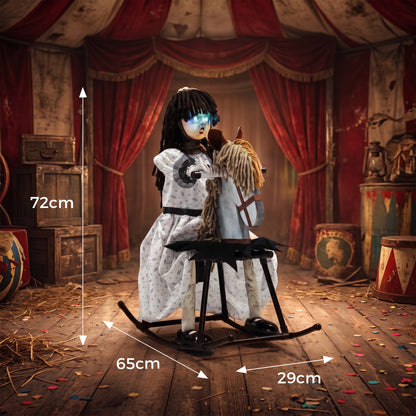 Animated Halloween Girl Riding Horse, Halloween Animatronics with Creepy Rhymes, Glowing Eyes, Sound/Touch Activated