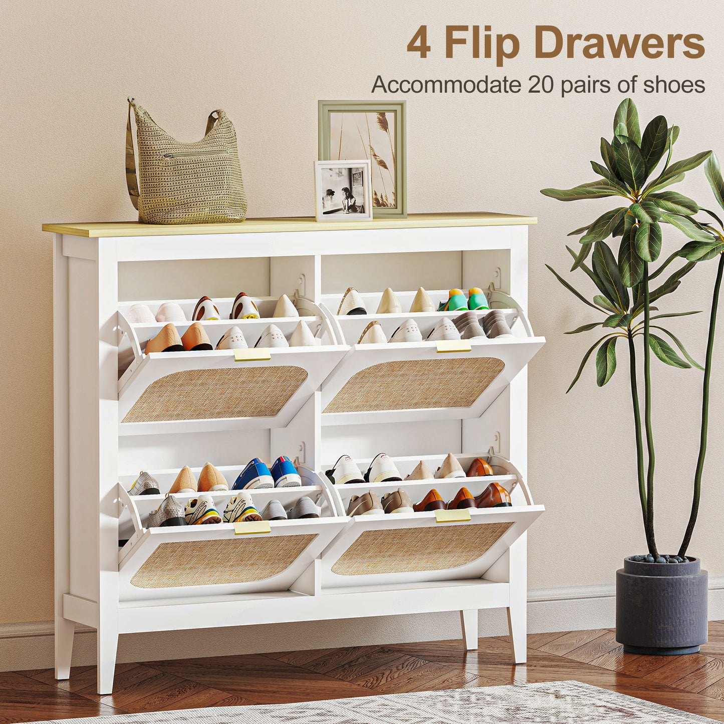 Narrow Shoe Cabinet, Boho Slim Shoe Storage Cabinet with 4 Flip Drawers, Holds 20 Pairs, White