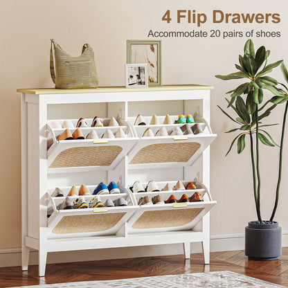 Narrow Shoe Cabinet, Boho Slim Shoe Storage Cabinet with 4 Flip Drawers, Holds 20 Pairs, White