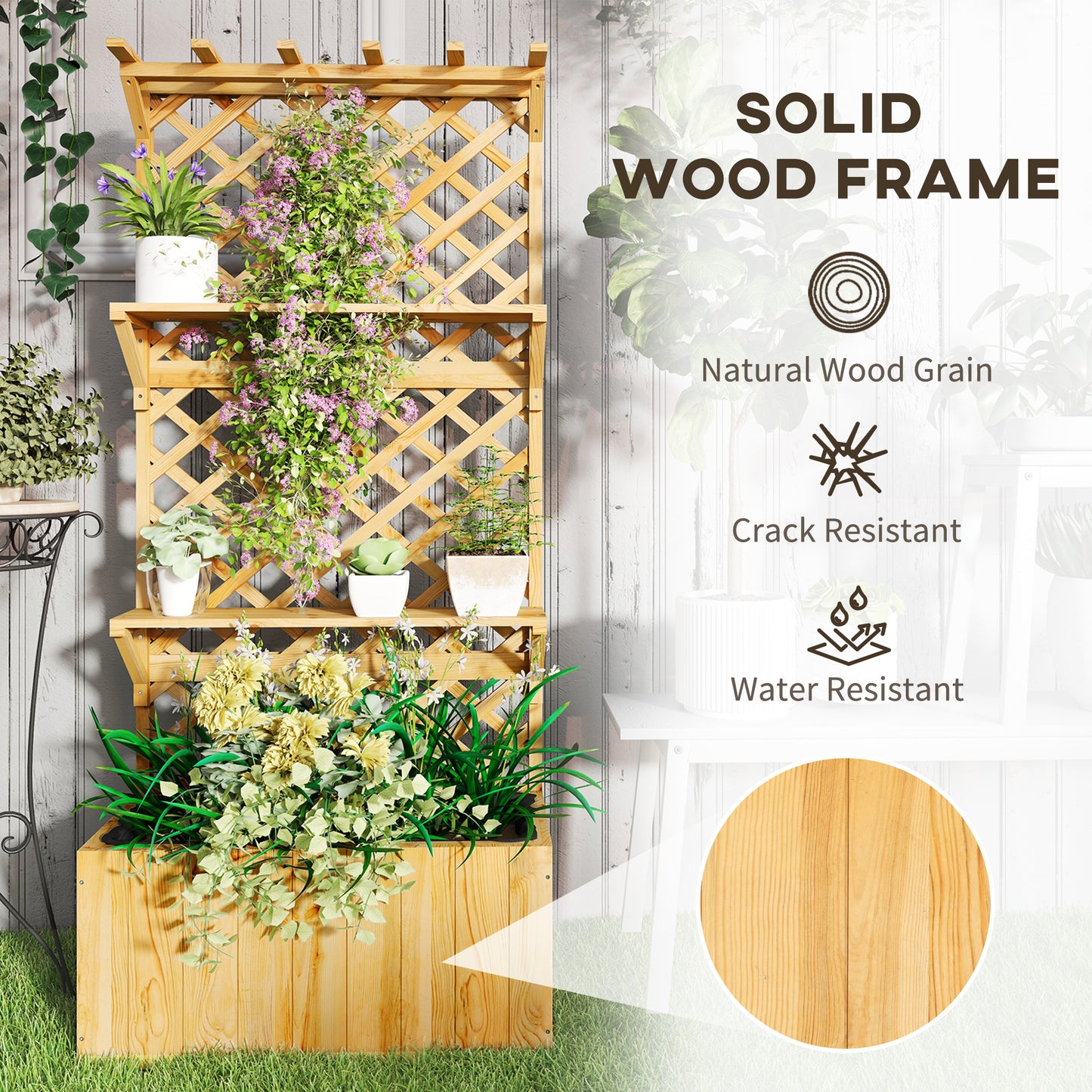 52L Wooden Planter, with Trellis and Shelves - Natural Finish