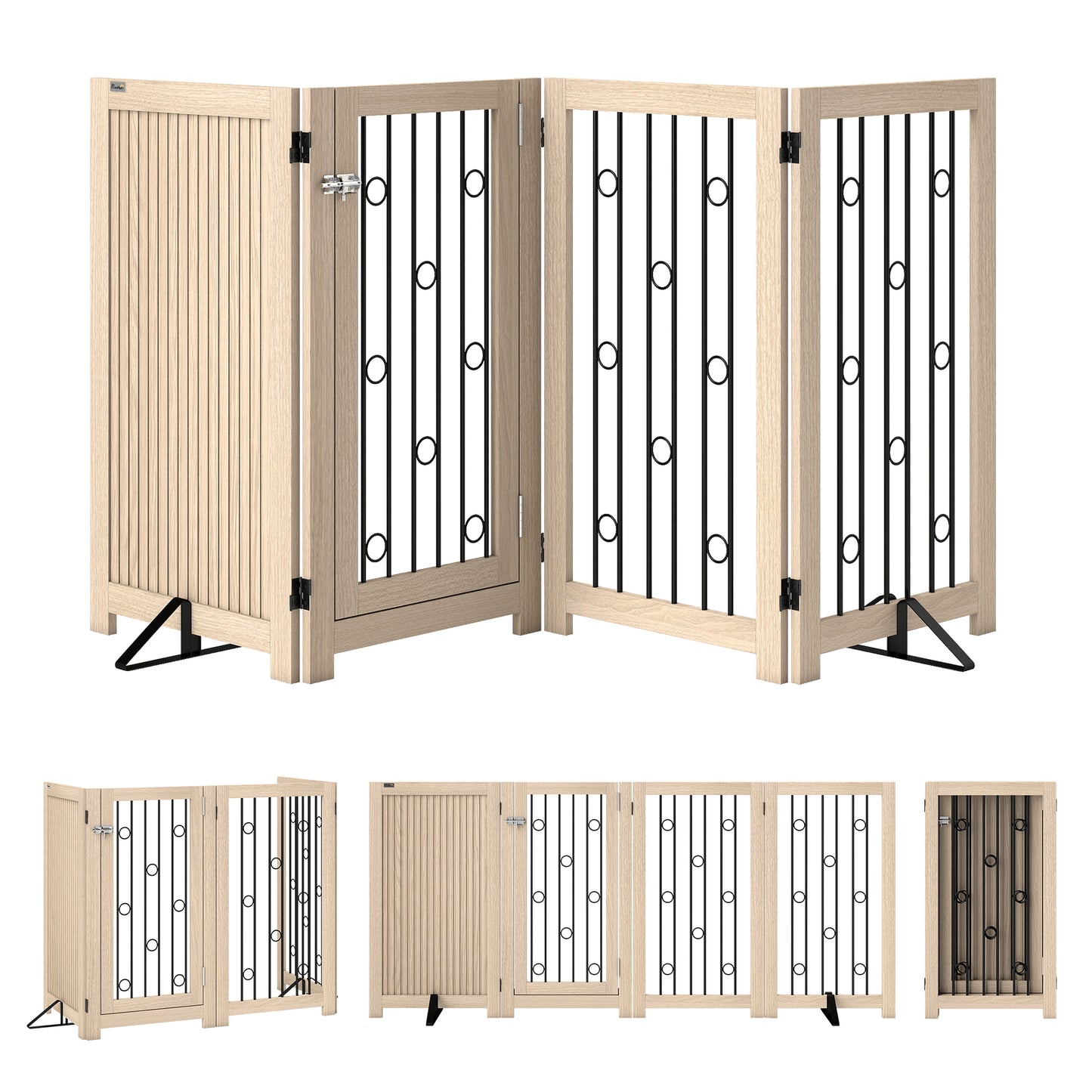 4 Panel Freestanding Pet Gate, Indoor Dog Barrier with Lockable Door, Support Feet, 360° Flexible Hinges, Oak