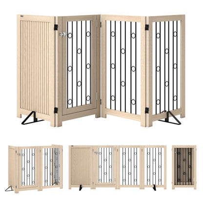 4 Panel Freestanding Pet Gate, Indoor Dog Barrier with Lockable Door, Support Feet, 360° Flexible Hinges, Oak