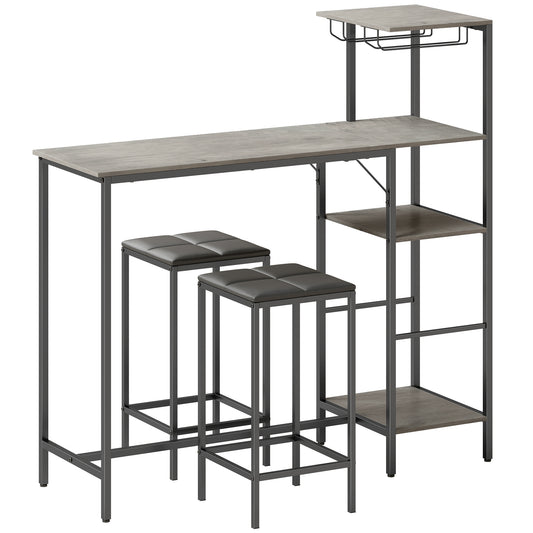 3 Piece Breakfast Bar Table and Stools Set, Washed Grey
