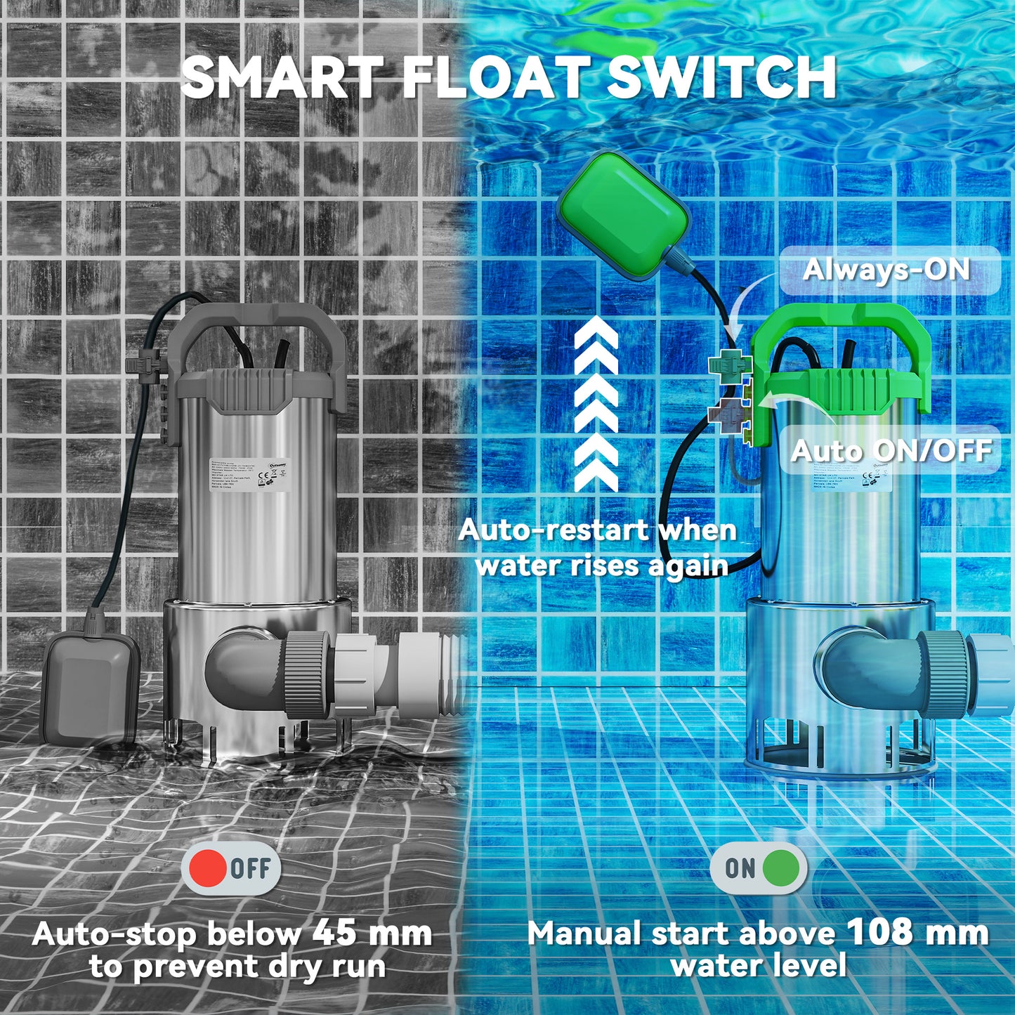 1100W Submersible Water Pump for Dirty/Clean Water, 18500L/H Electric Sump Pump with Float Switch
