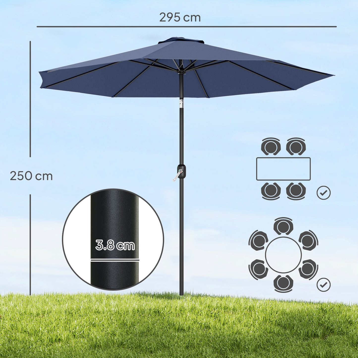 3 m Garden Parasol Umbrellas, Outdoor Sun Shade with 8 Ribs, Tilt and Crank Handle, Navy Blue