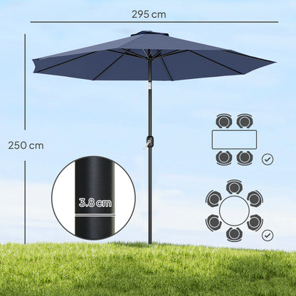 3 m Garden Parasol Umbrellas, Outdoor Sun Shade with 8 Ribs, Tilt and Crank Handle, Navy Blue